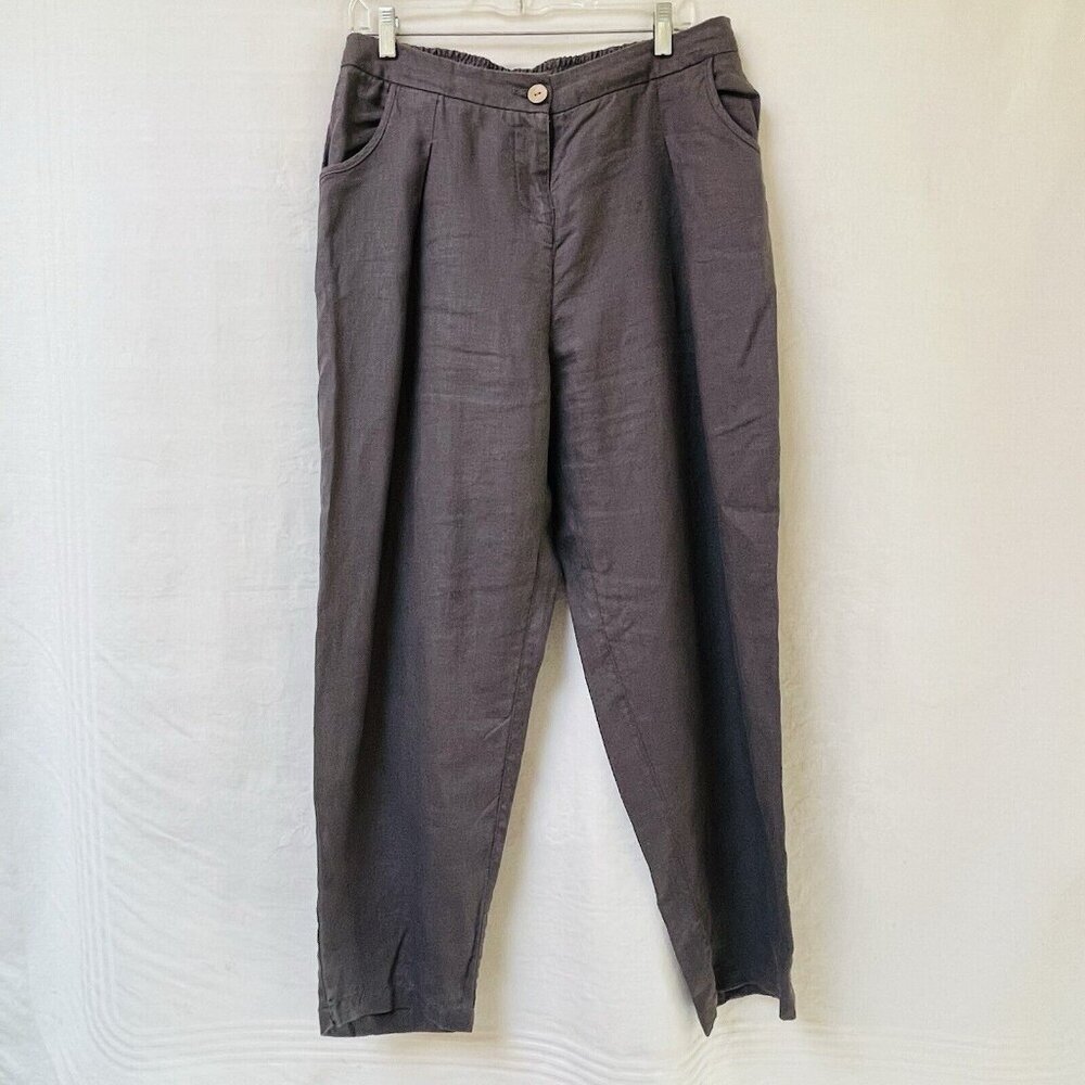 Linen Pants Womens XL Gray‎ Pleated Relaxed Elastic Back Relax Beach Vacay